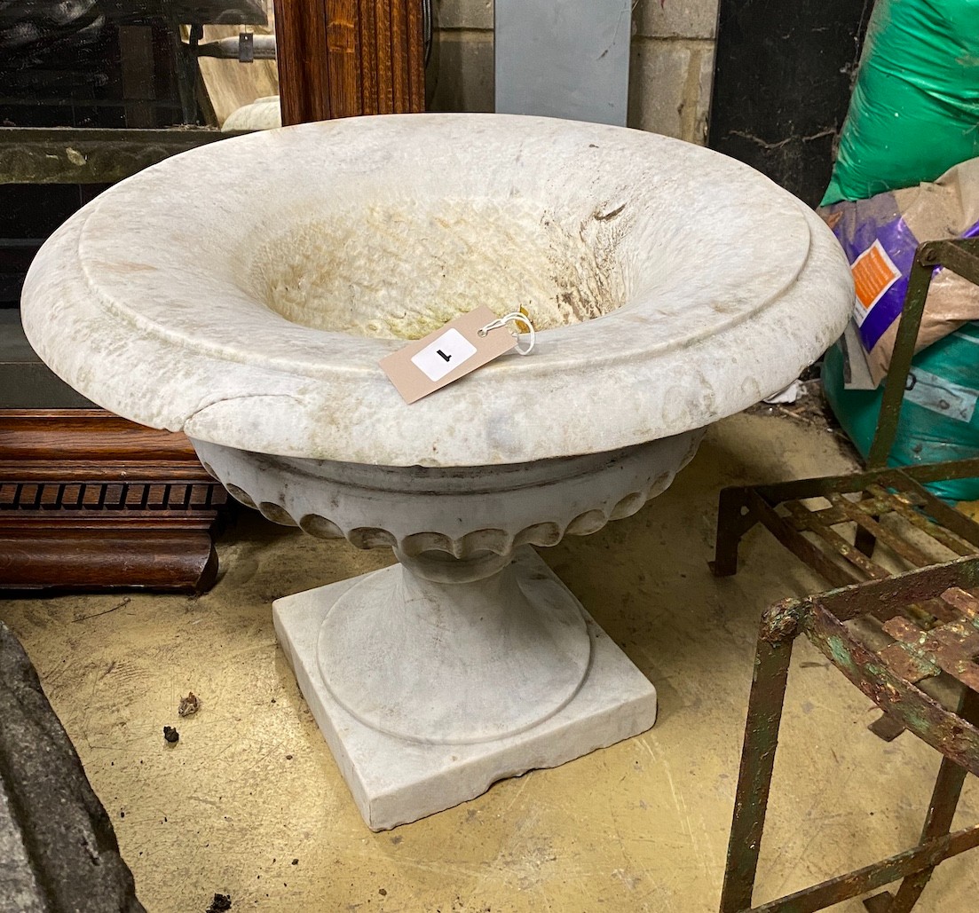 A 19th century white marble campana shaped garden urn, diameter 59cm, height 44cm
